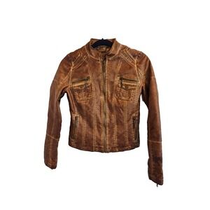 J2 Size XS Camel Brown Faux Leather Jacket Coat Crop‎ Zip Womens ECU!